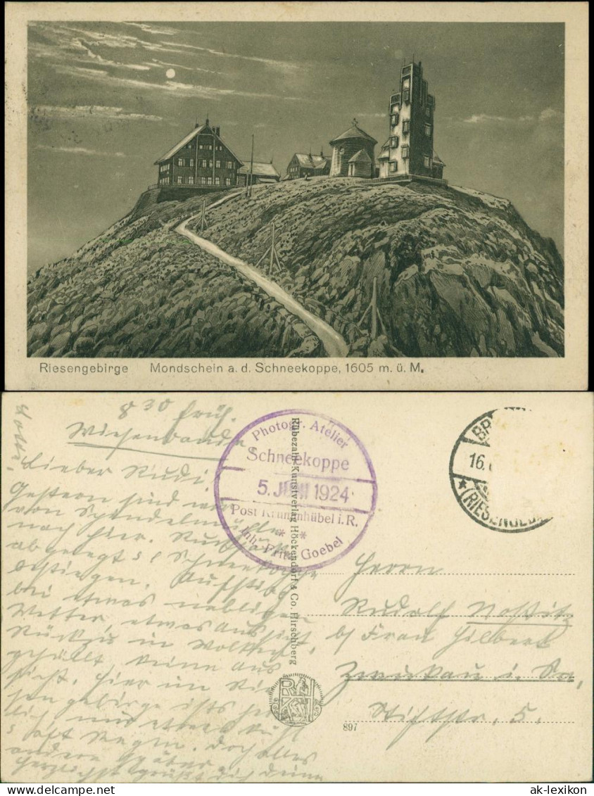 Postcard Krummhübel Karpacz Schneekoppe Mondschein Koppenstempel 1924 - Schlesien