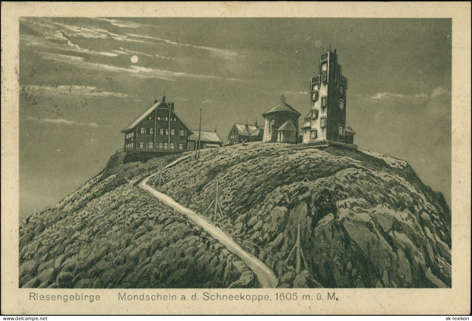 Postcard Krummhübel Karpacz Schneekoppe Mondschein Koppenstempel 1924 - Schlesien