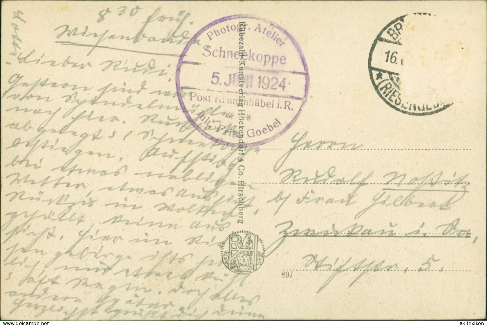 Postcard Krummhübel Karpacz Schneekoppe Mondschein Koppenstempel 1924 - Schlesien