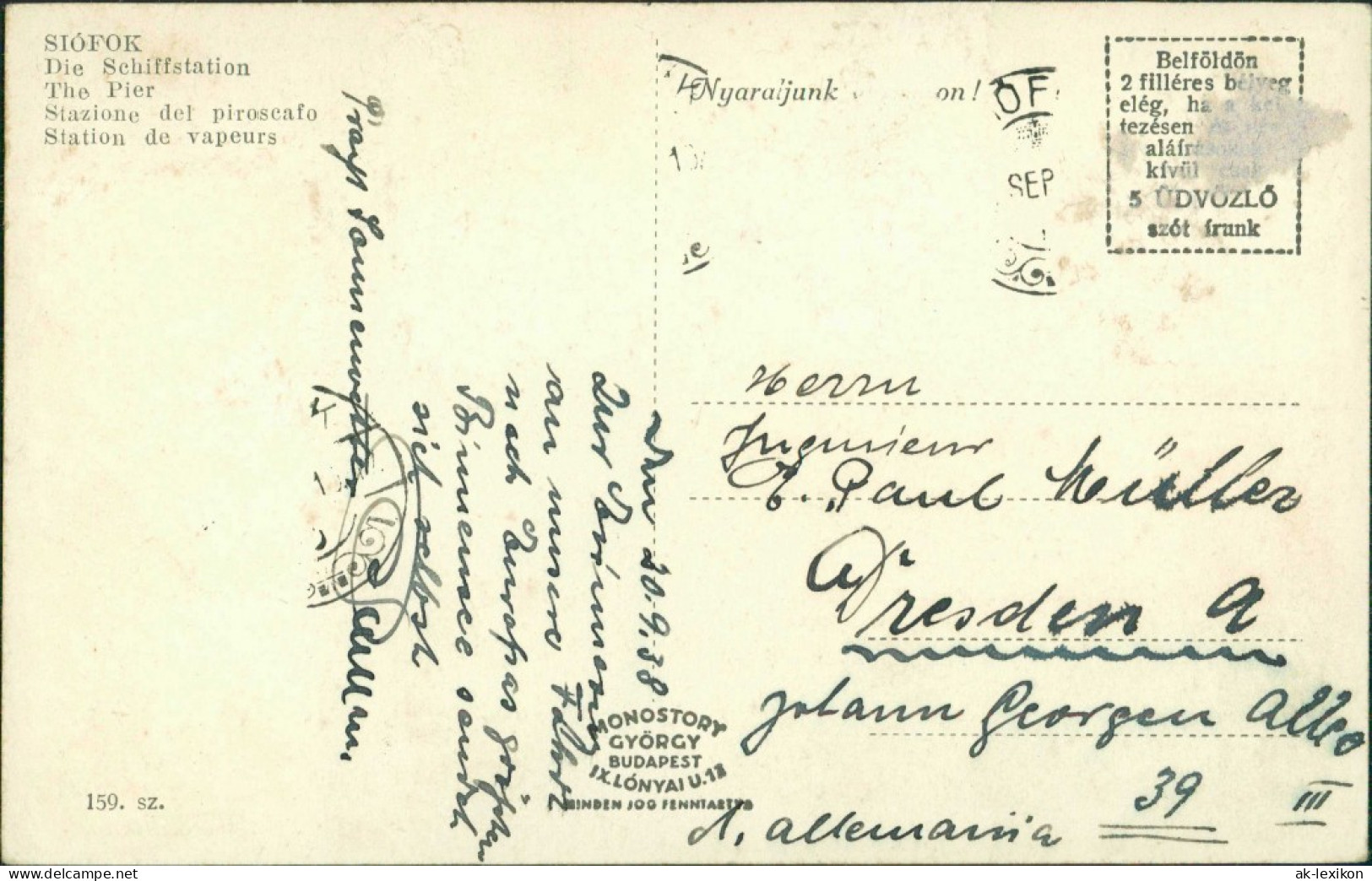 Postcard Siofok Siófok Schiffstation Dampfer 1939 - Ungarn