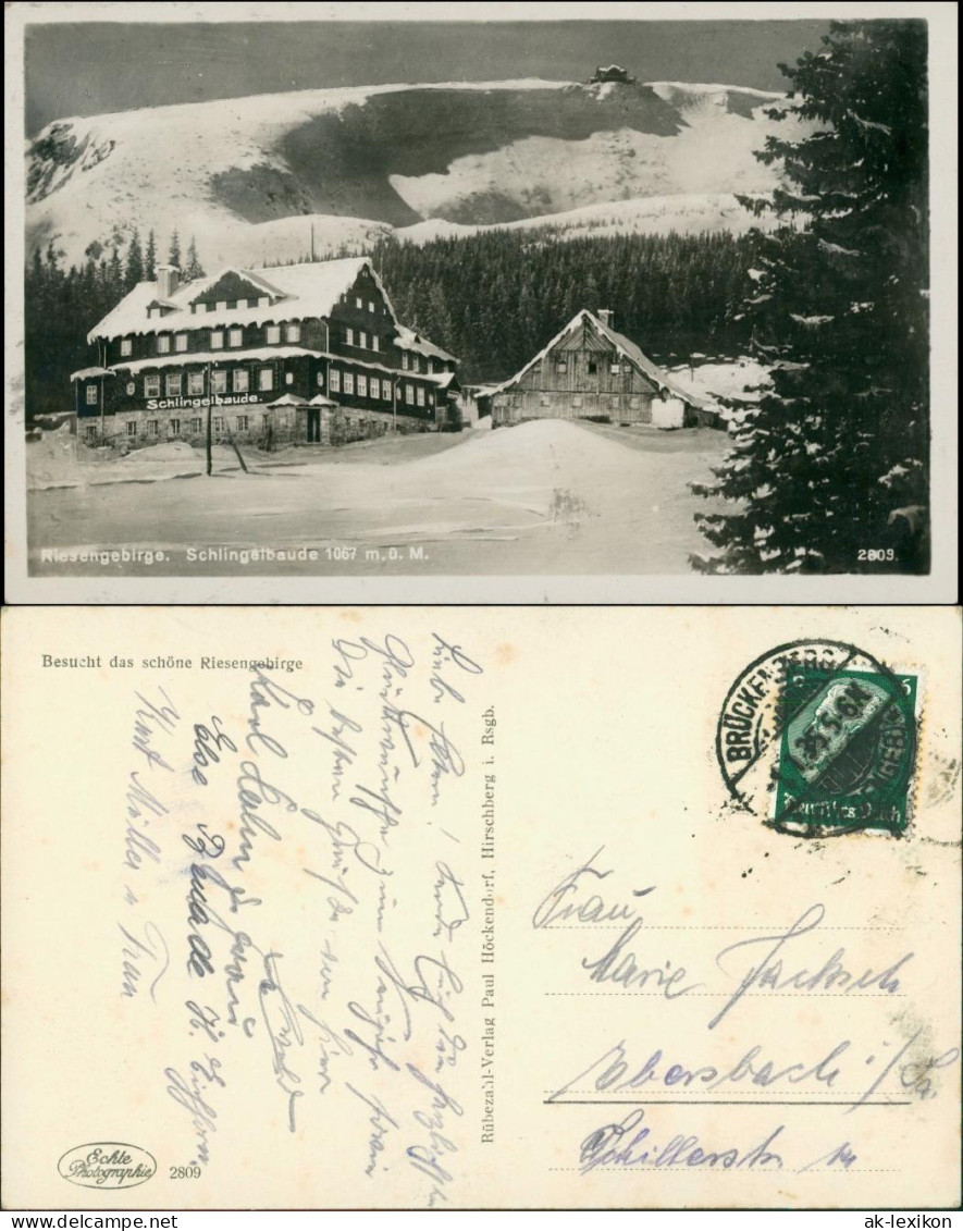 Postcard Krummhübel Karpacz Schlingelbaude - Winter 1936 - Schlesien