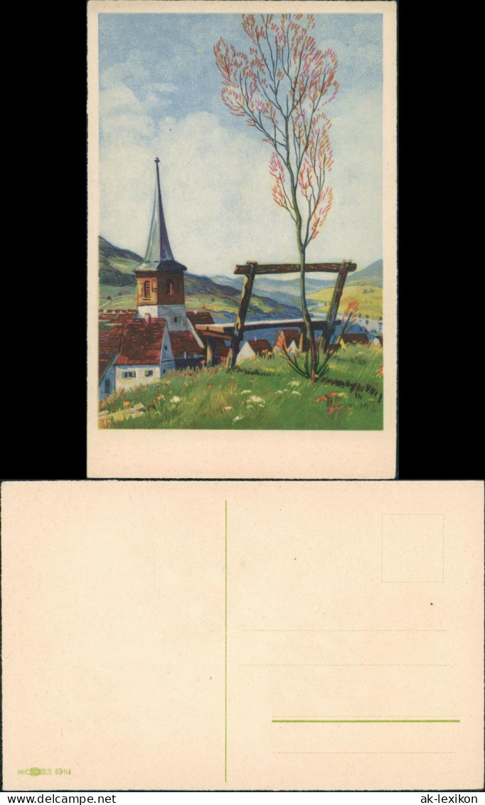 Ansichtskarte  Künstlerkarte Dorf Idyll, Bank Auf Wiese Vor Kirche 1930 - 1900-1949