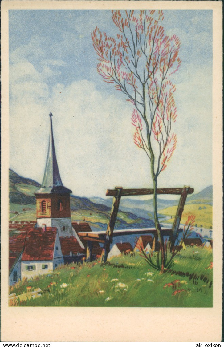 Ansichtskarte  Künstlerkarte Dorf Idyll, Bank Auf Wiese Vor Kirche 1930 - 1900-1949