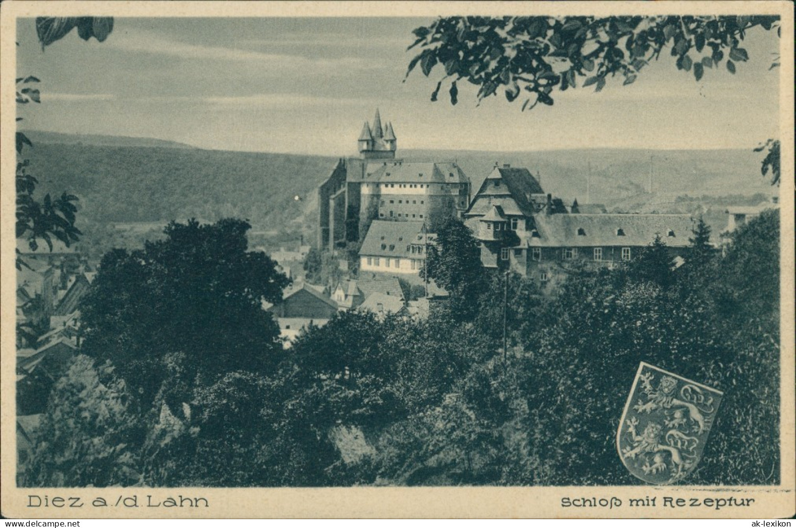 Ansichtskarte Diez (Lahn) Schloss Diez Mit Rezeptur, Fernansicht, Wappen 1920 - Diez