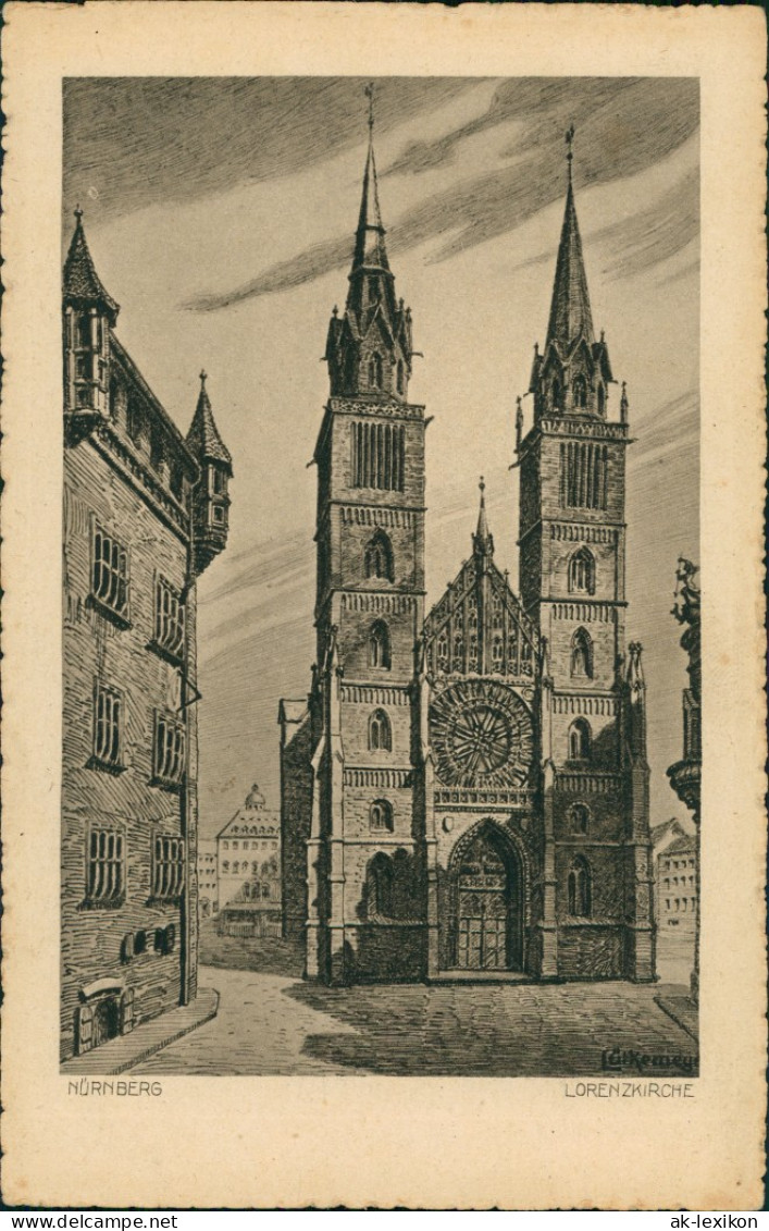Ansichtskarte Nürnberg Künstlerkarte Lorenzkirche 1925 - Nuernberg