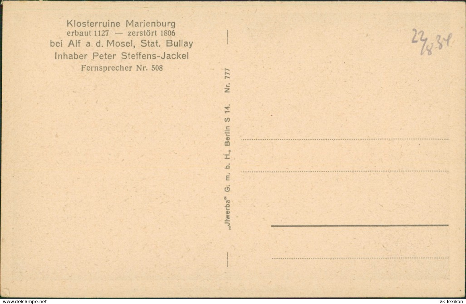 Ansichtskarte Alf (Mosel) Kloster Marienburg - Altdeutscher Speisesaal 1926 - Alf-Bullay