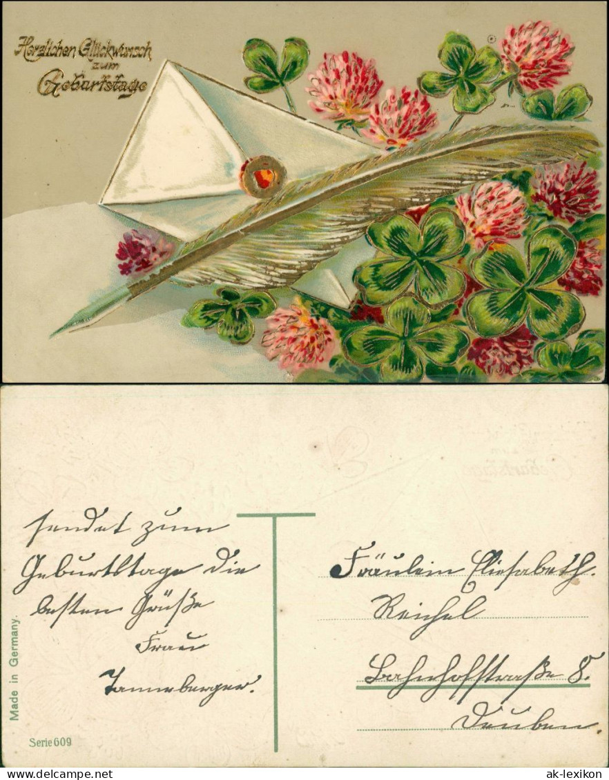 Ansichtskarte  Kleeblatt, Feder, Brief - Goldprägekarte 1910 Goldrand - Geburtstag