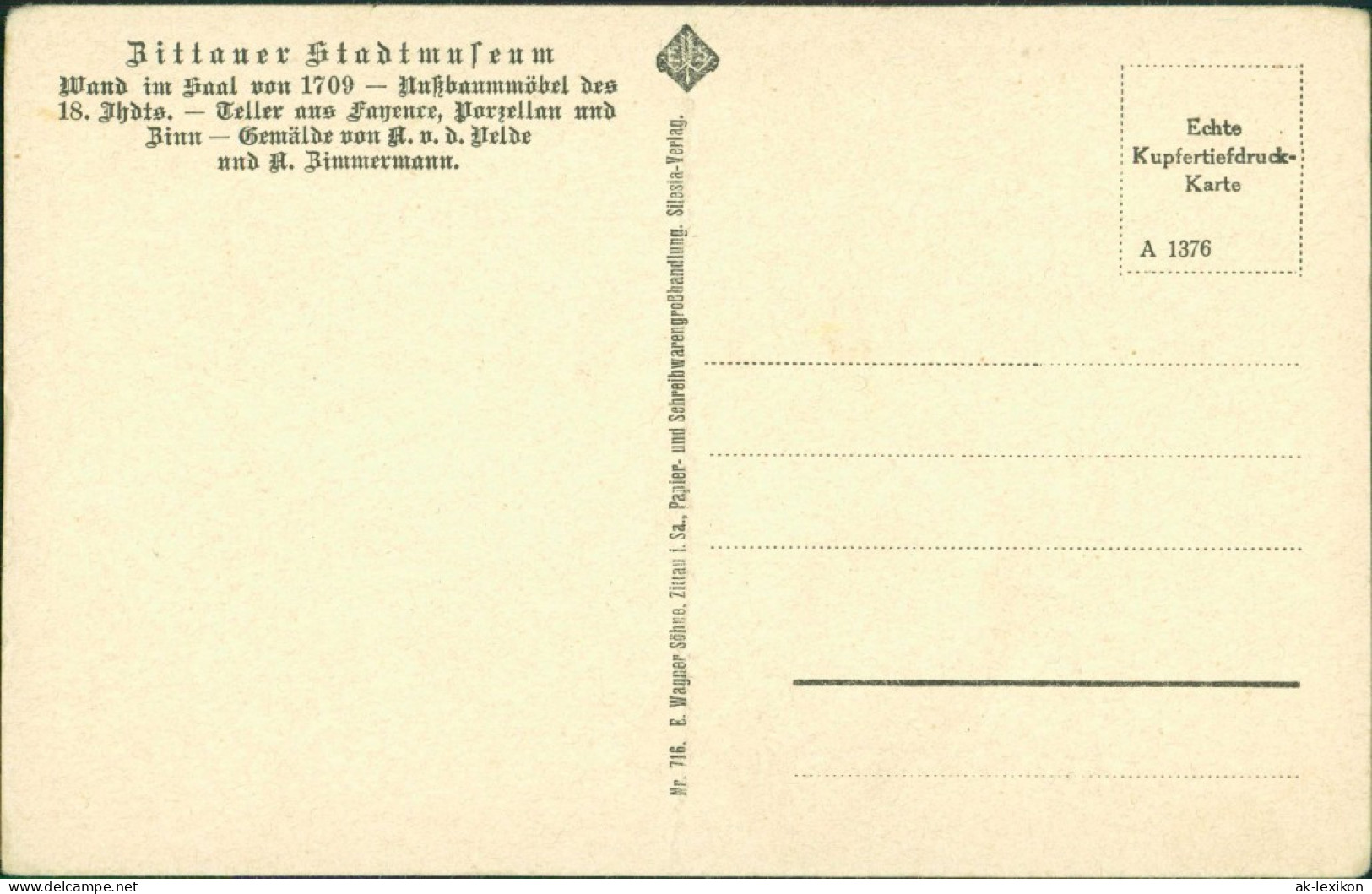 Ansichtskarte Zittau Stadtmuseum Nußbaummöbel 18 Jhrd. Innenansicht 1925 - Zittau