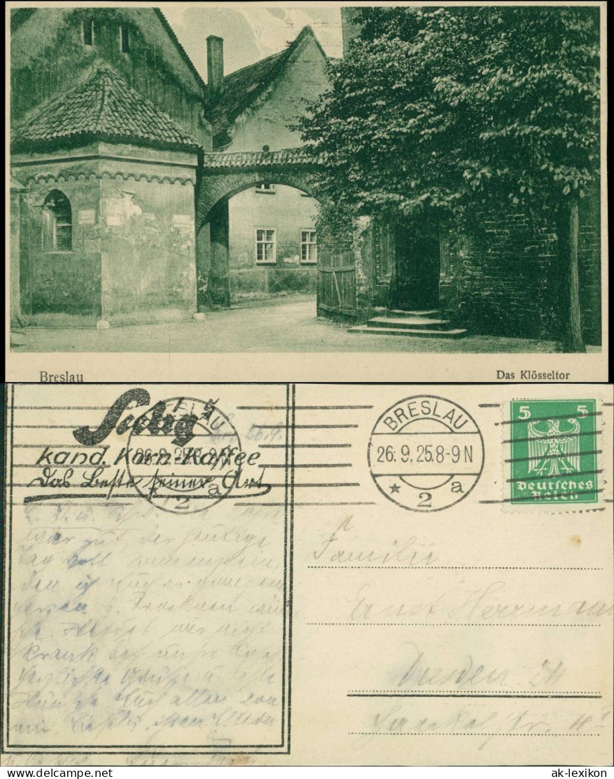 Postcard Breslau Wrocław Kaffeewerbung, Klösseltor 1925 - Schlesien