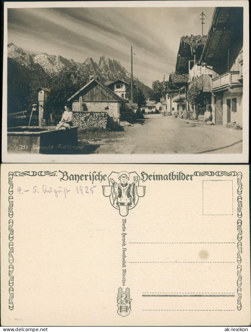 Ansichtskarte Garmisch-Partenkirchen Frühlingstrasse, Brunnen, Frau 1928 - Garmisch-Partenkirchen