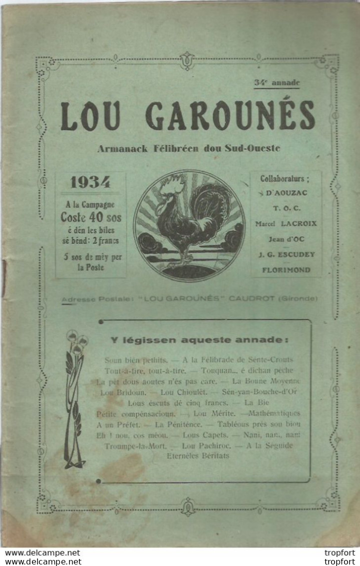 AO / Rare ALMANACH Filibréen Dou Sud-oueste 1934 LOU GAROUNES CAUDROT 40 Pages !!! PUB LA REOLE - Werbung