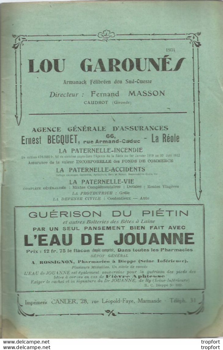 AO / Rare ALMANACH Filibréen Dou Sud-oueste 1934 LOU GAROUNES CAUDROT 40 Pages !!! PUB LA REOLE - Publicidad