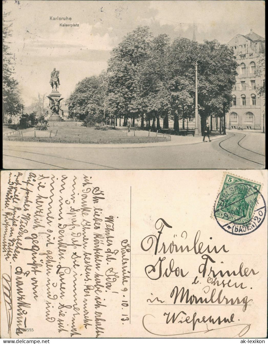 Ansichtskarte Karlsruhe Strassen Partie Kaiserplatz Mit Denkmal 1913 - Karlsruhe