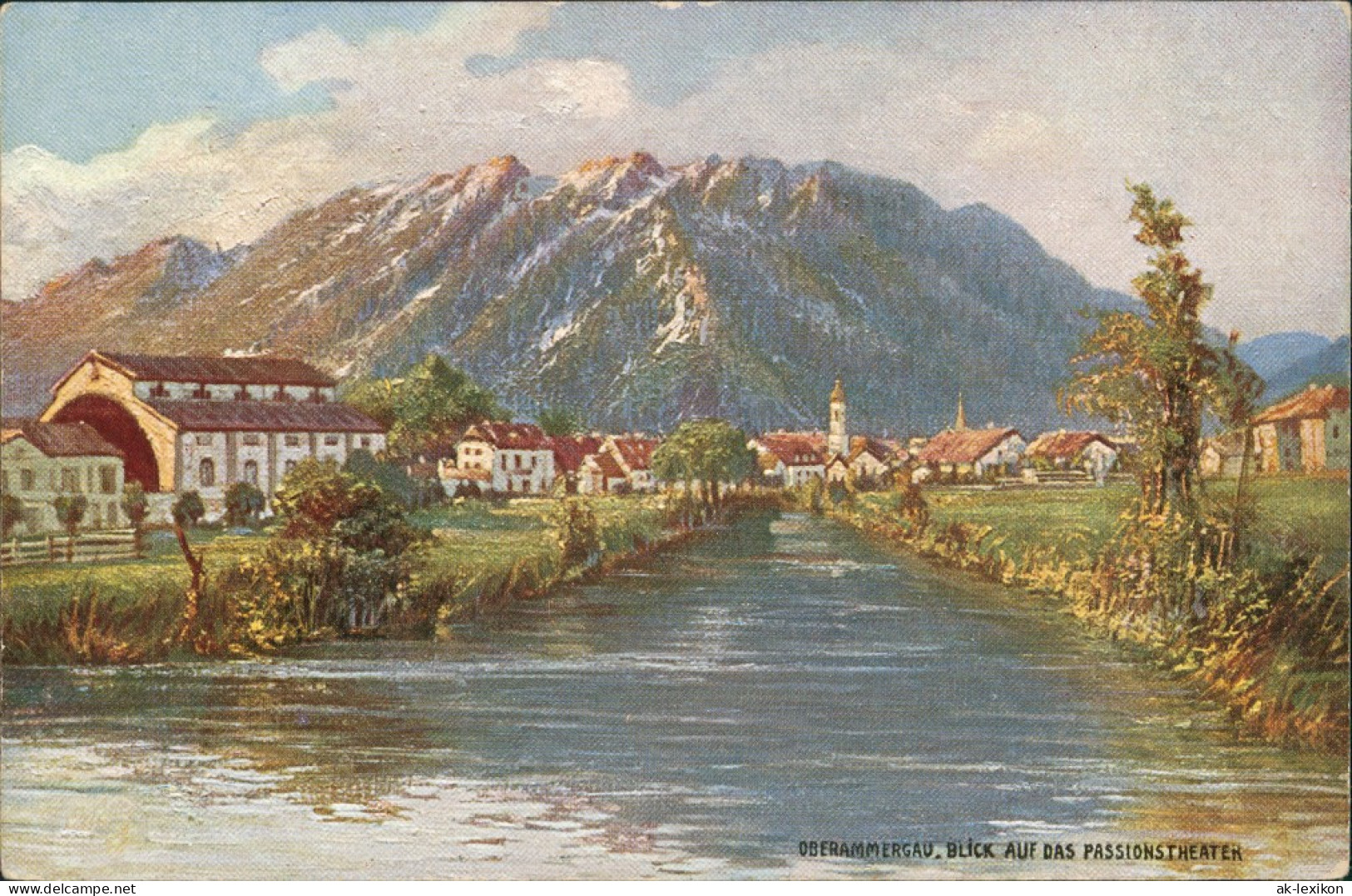 Oberammergau Passionstheater/Passionsspielhaus, Fernansicht, Fluss Partie 1910 - Oberammergau