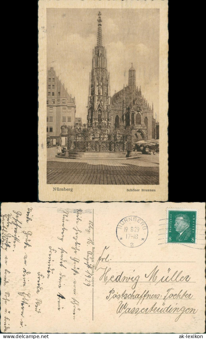 Ansichtskarte Nürnberg Schöner-Brunnen, Strassen Partie A.d. Kirche 1929 - Nuernberg