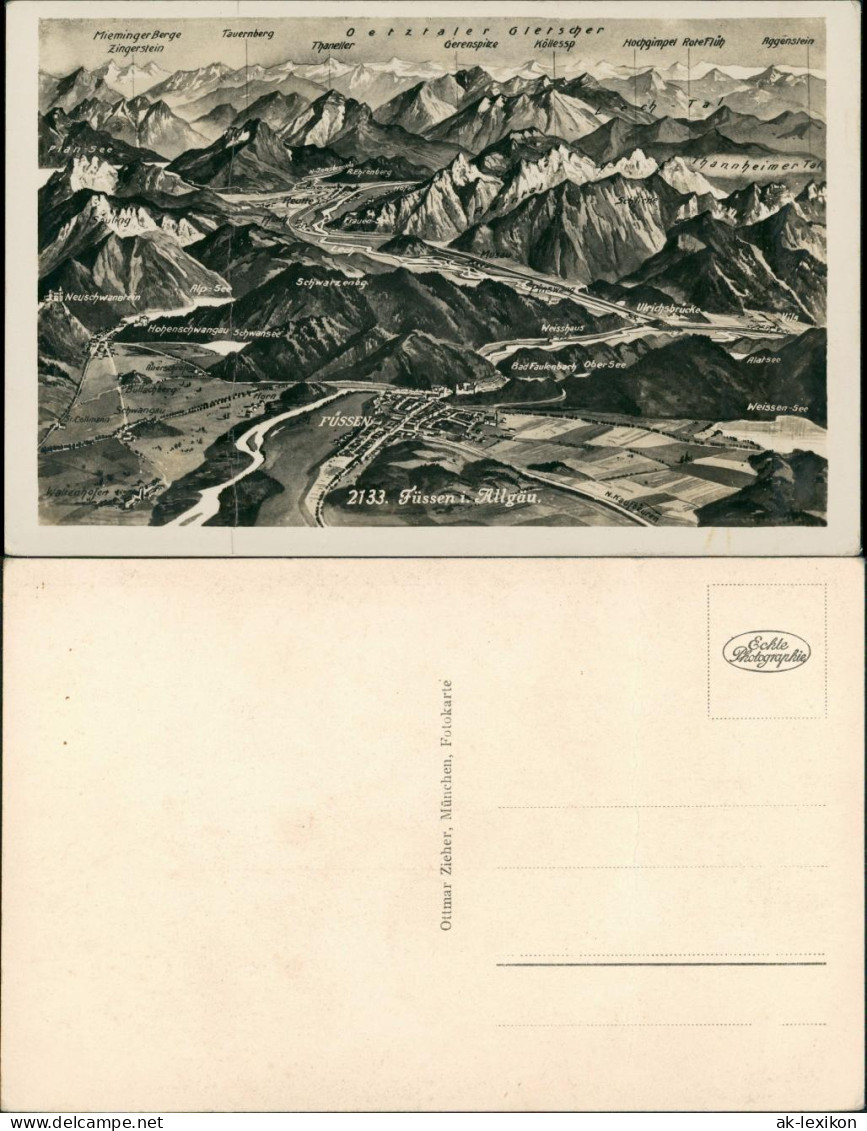 Füssen Panorama Relief-Postkarte, Umland, Blick Bis Oetztaler Gletscher 1930 - Füssen