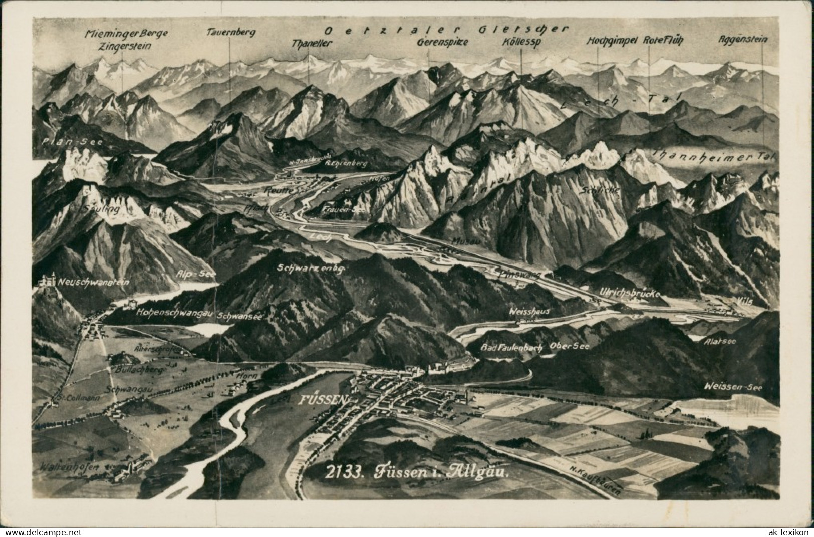 Füssen Panorama Relief-Postkarte, Umland, Blick Bis Oetztaler Gletscher 1930 - Füssen