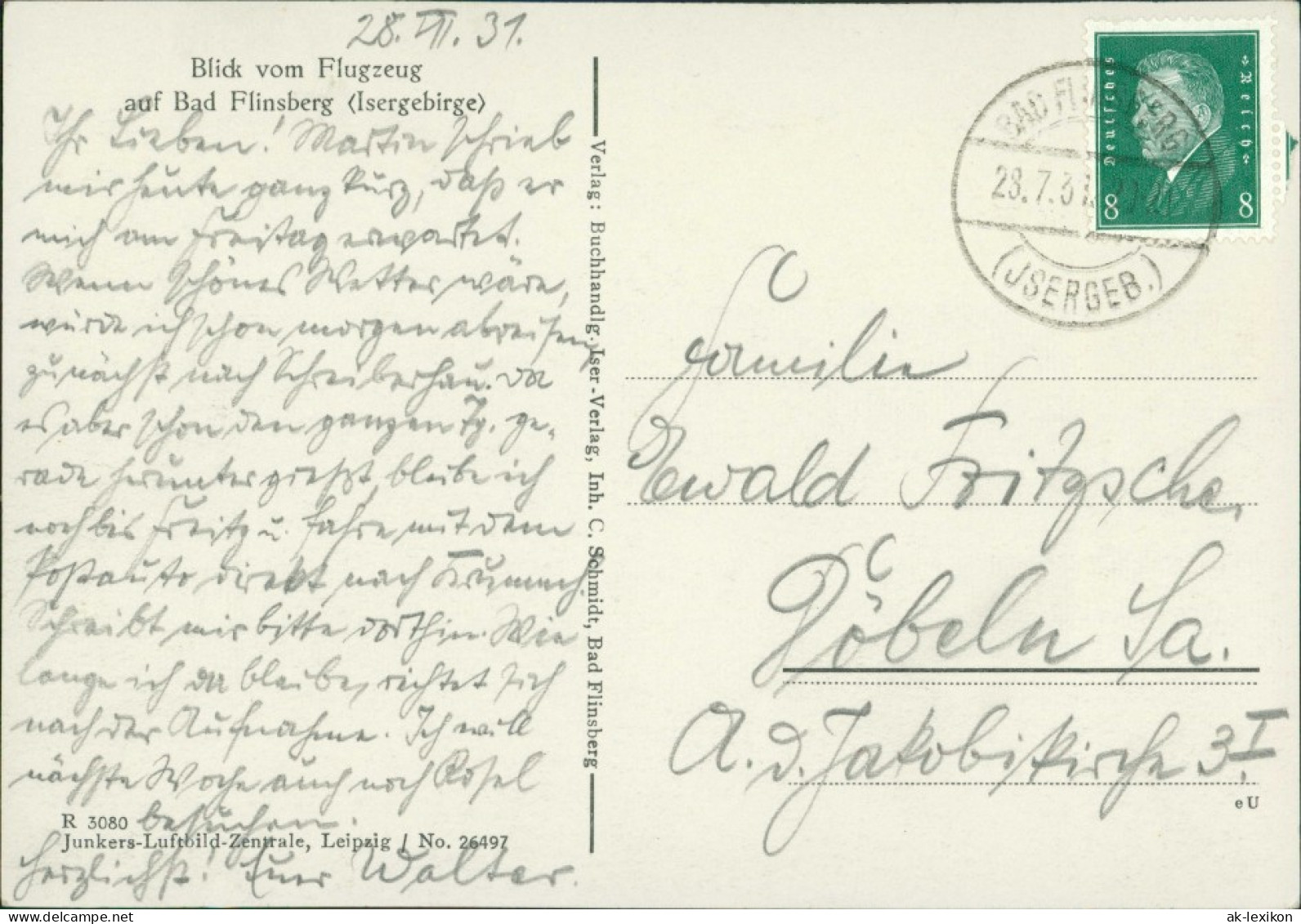 Postcard Bad Flinsberg Świeradów-Zdrój Luftbild Bahnpost 1936 - Schlesien