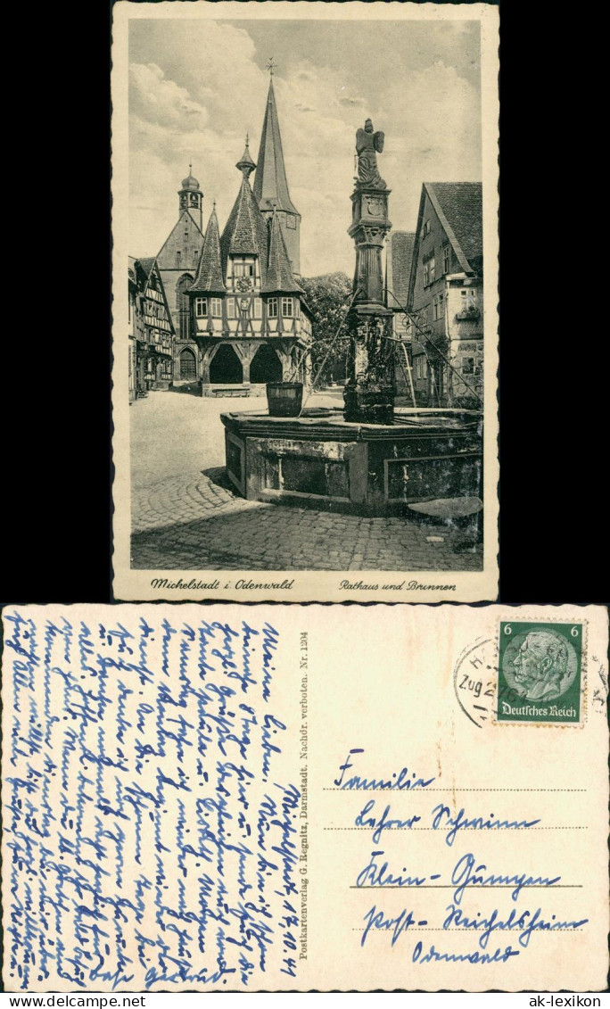 Ansichtskarte Michelstadt Rathaus, Brunnen (Bahnpost) 1934 - Michelstadt