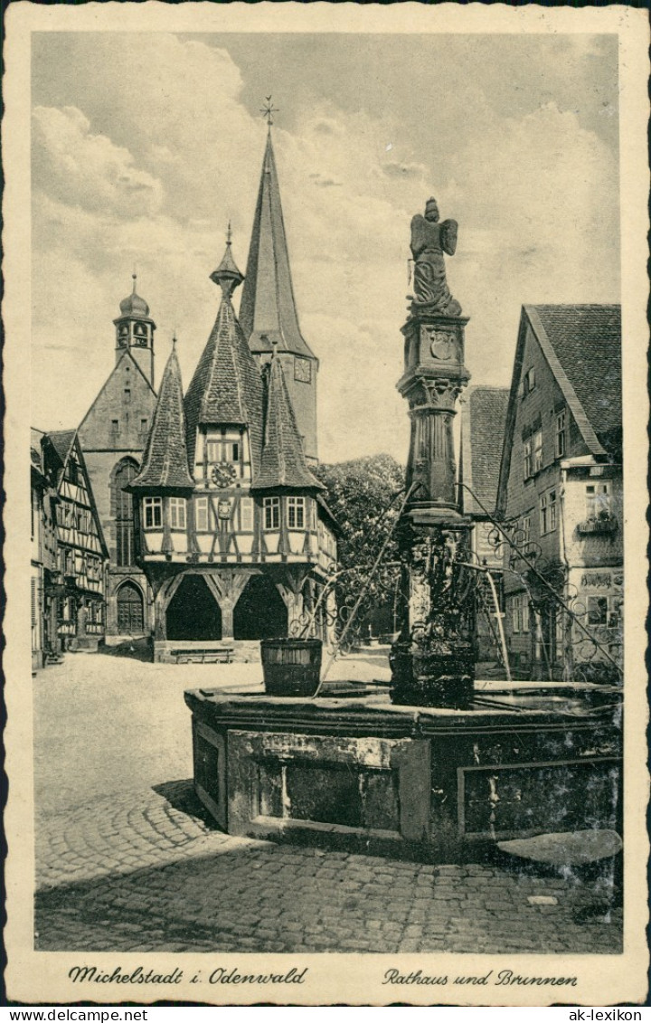 Ansichtskarte Michelstadt Rathaus, Brunnen (Bahnpost) 1934 - Michelstadt