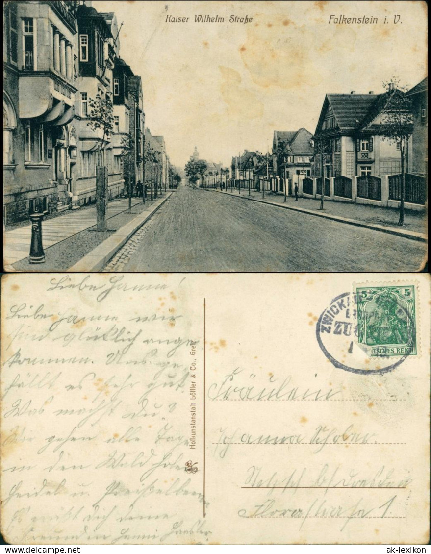 Falkenstein (Vogtland) Kaiser Wilhelm Straße (gel. Bahnpost) 1913 - Falkenstein (Vogtland)