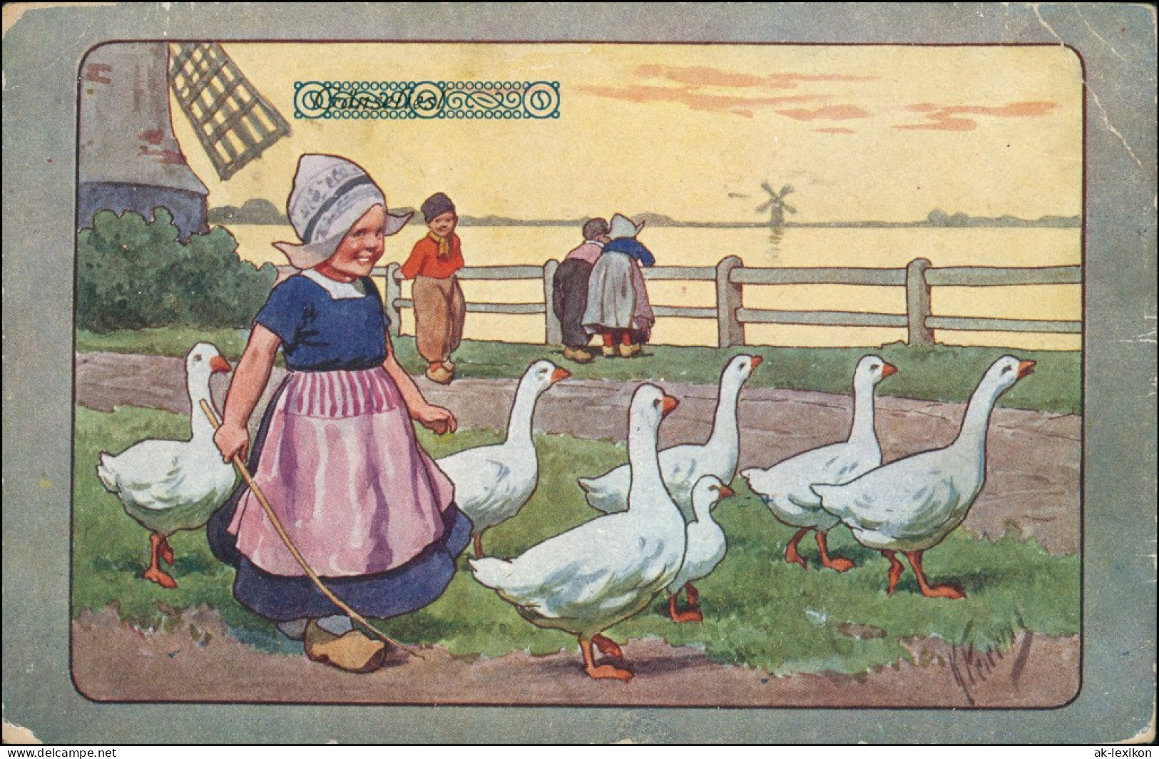 .Niederlande Künstlerkarte Windmühlen Kinder Gänse Holland Typen 1941 - Andere & Zonder Classificatie