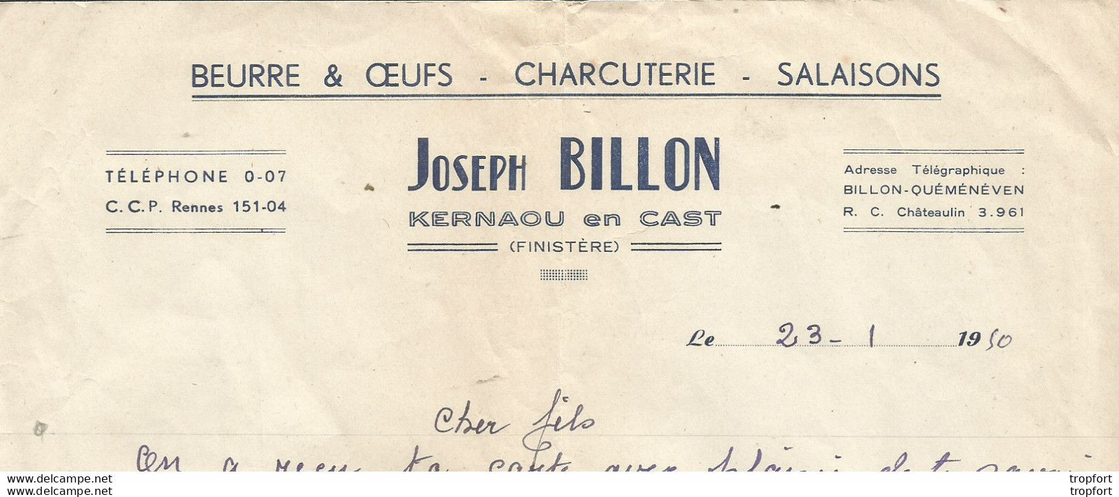 M12 Cpa / Old Invoice / Facture LETTRE Ancienne KERNAOU EN CAST 29 Joseph BILLON Charcuterie Beurre Salaisons 1950 - Alimentare