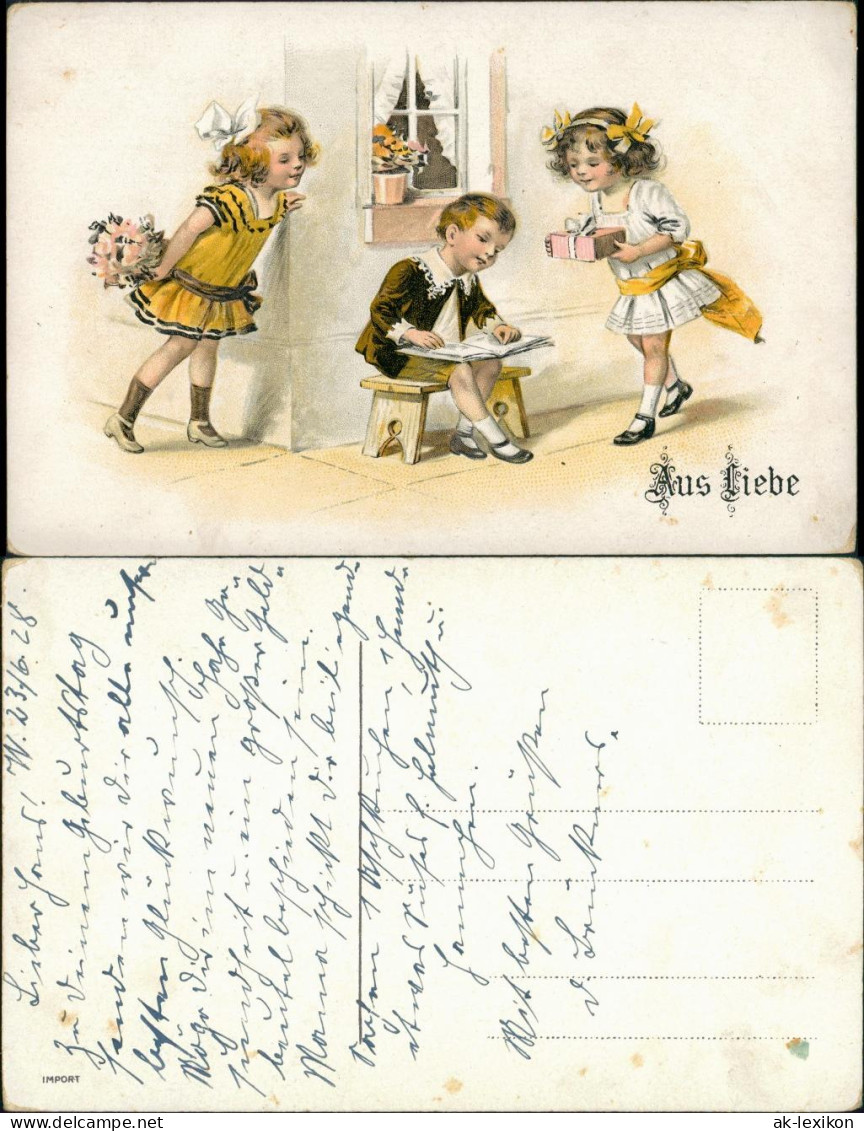 "Aus Liebe" 2 Mädchen Beschenken Jungen, Kinder Motiv Postkarte 1928 - Portraits