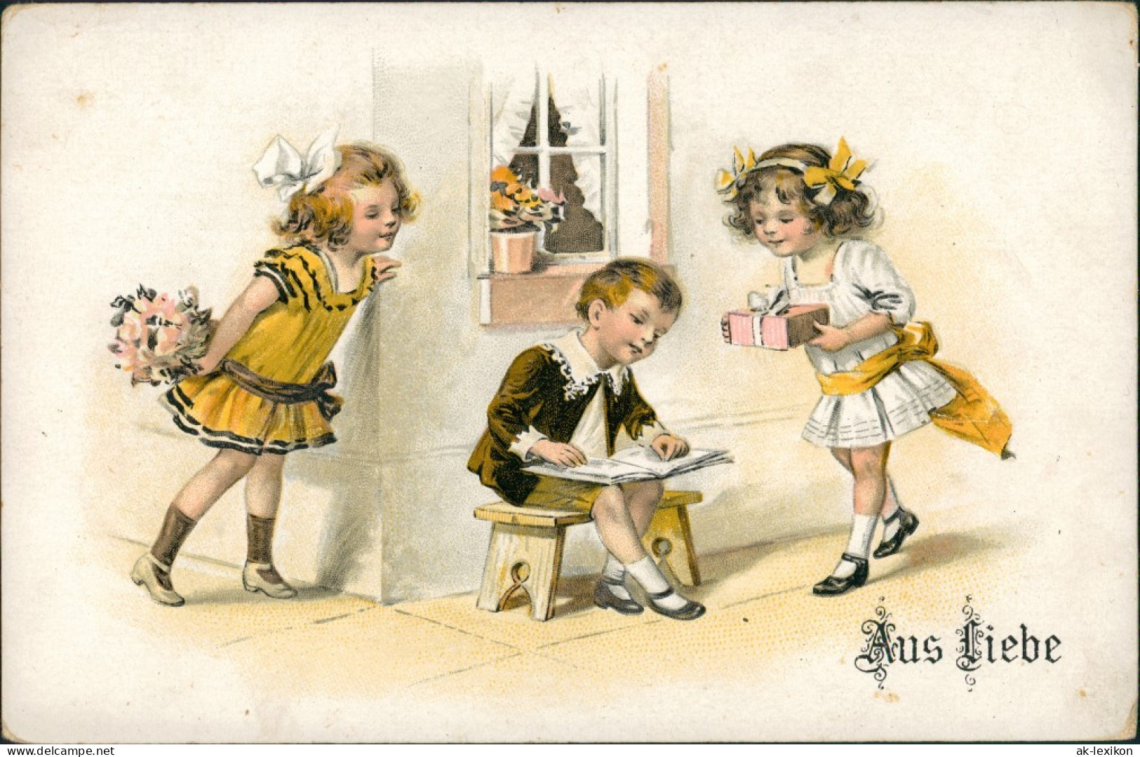 "Aus Liebe" 2 Mädchen Beschenken Jungen, Kinder Motiv Postkarte 1928 - Portraits