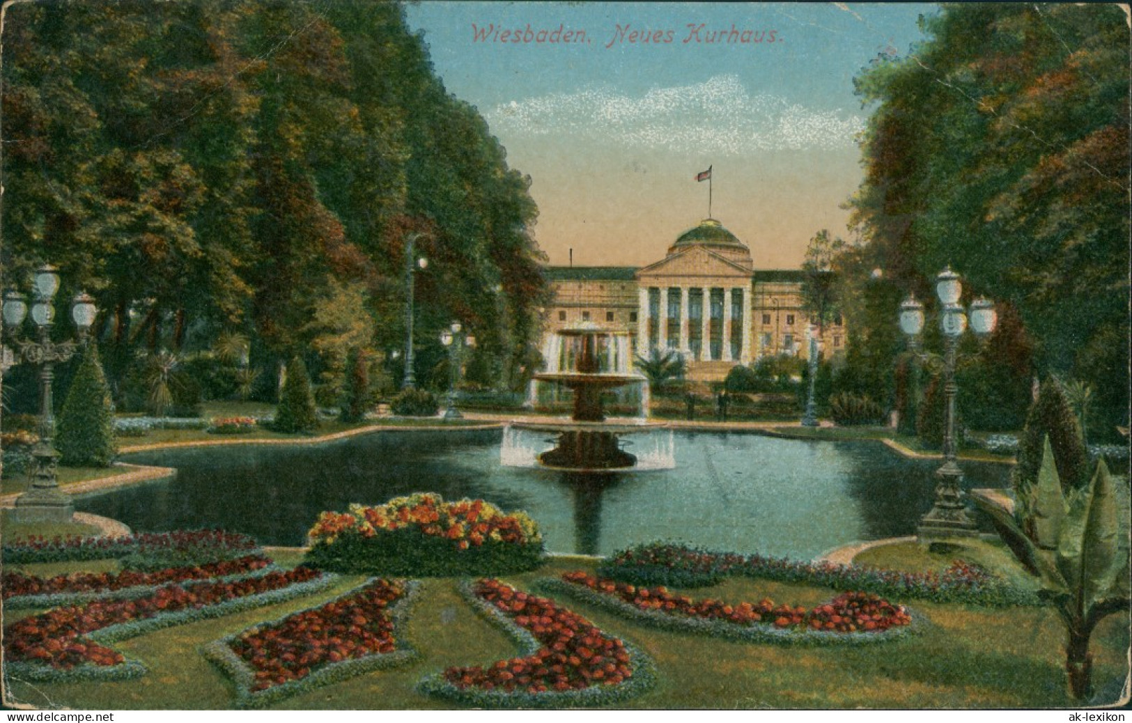 Wiesbaden Kurhaus, Park, Springbrunnen, Blumen Beete, Teich 1921 - Wiesbaden