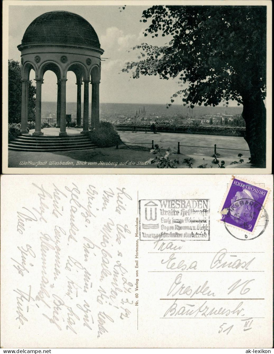 Ansichtskarte Wiesbaden Tempel - Neroberg, Bauwerk, Fernblick Auf Stadt 1942 - Wiesbaden