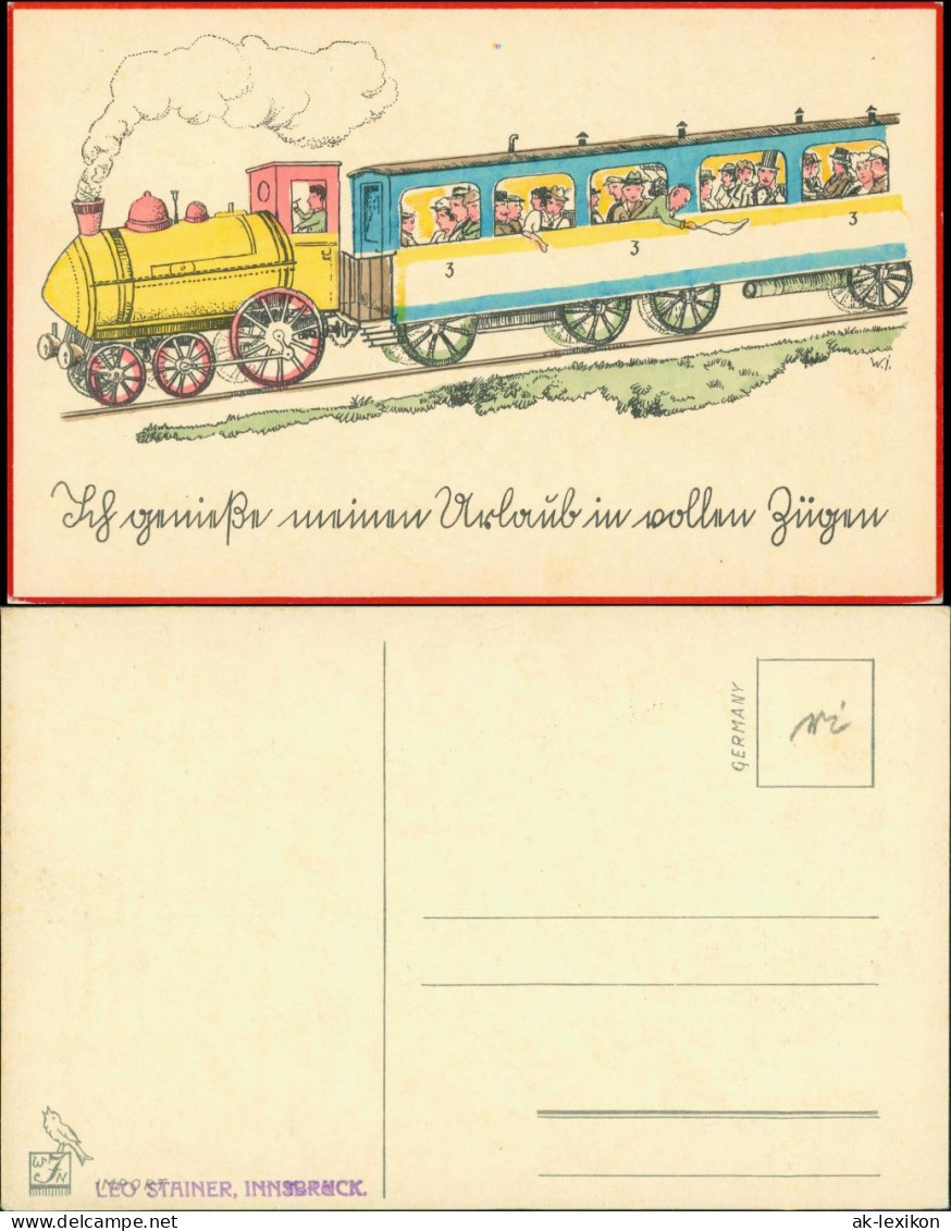 Lokomotive Scherzkarte Ich Genieße Meinen Urlaub In Vollen Zügen 1930 - Trains