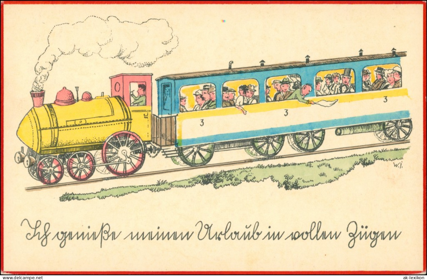 Lokomotive Scherzkarte Ich Genieße Meinen Urlaub In Vollen Zügen 1930 - Trains