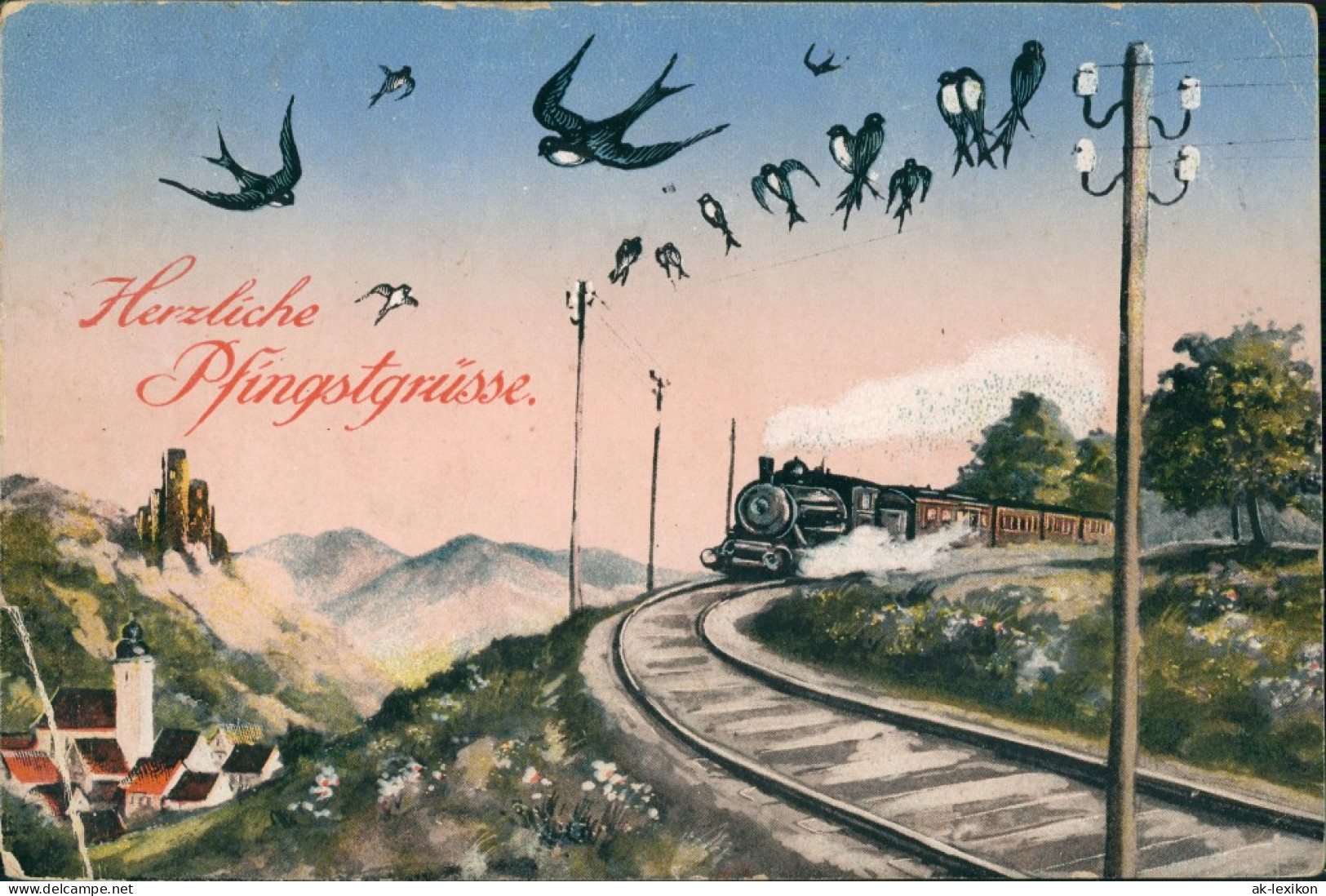 Ansichtskarte  Glückwunsch: Pfingsten, Schwalben Dampflokomotive 193 - Pentecostés