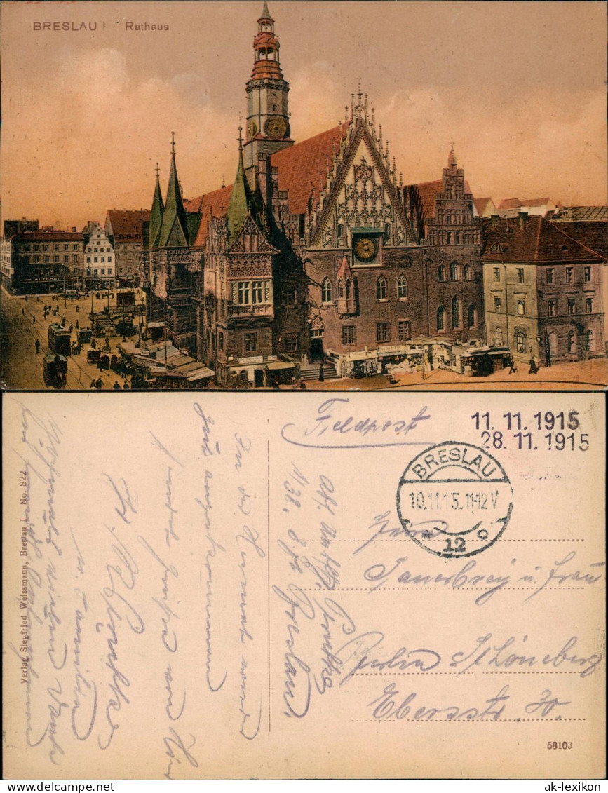 Postcard Breslau Wrocław Marktstände Am Rathaus 1915  Gel. Feldpoststempel - Schlesien