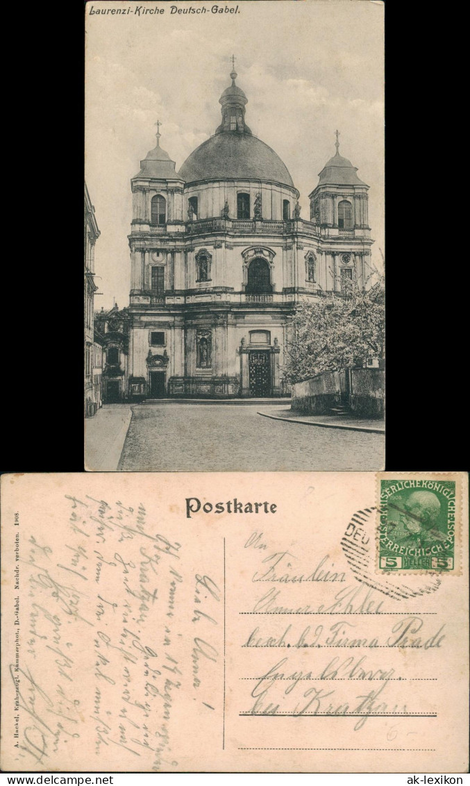 Postcard Deutsch Gabel Jablonné V Podještědí Laurenzi-Kirche 1908 - Tchéquie