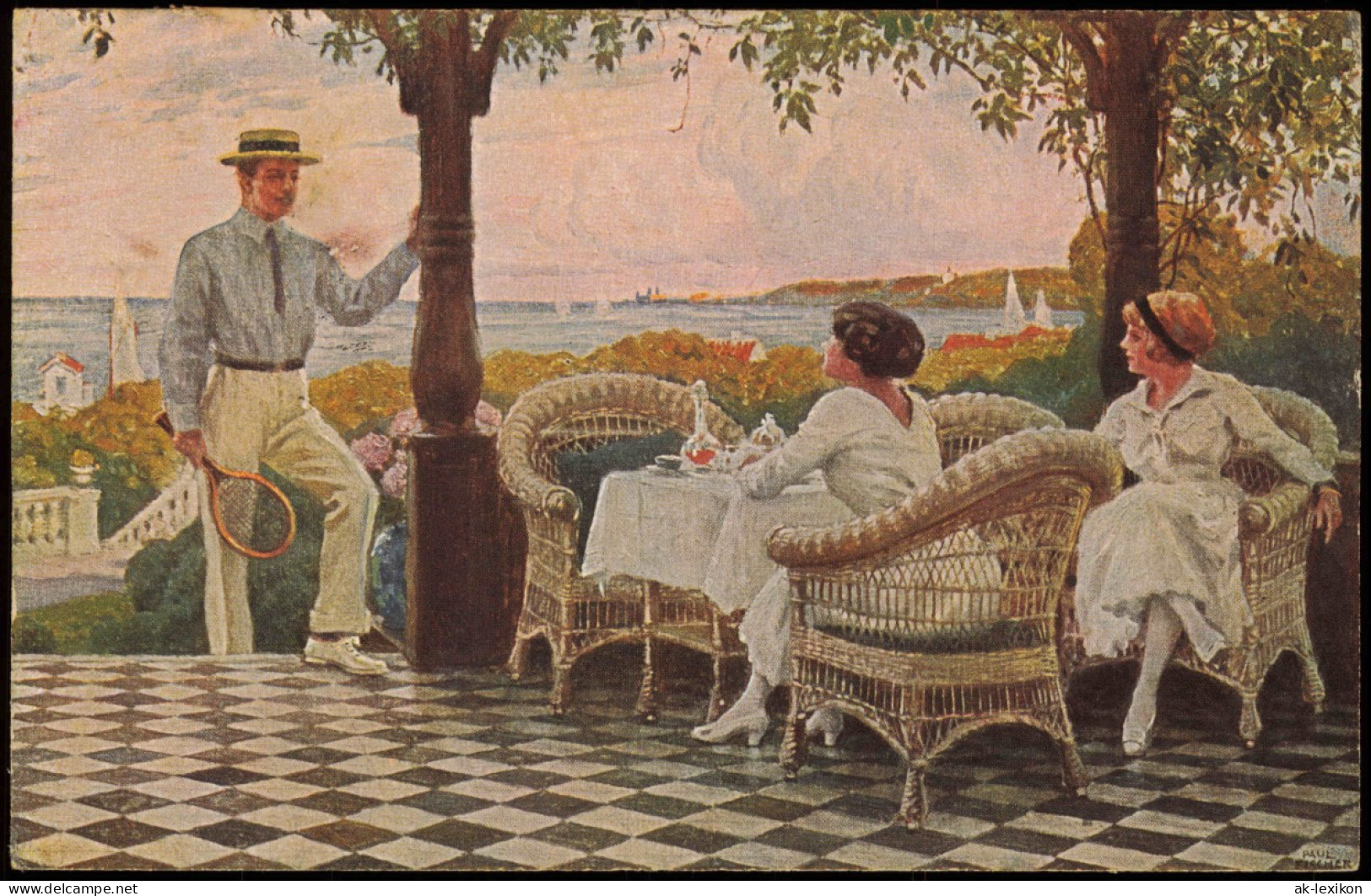 Tennisspieler, Frauen Auf Terrasse Künstlerkarte 1918  Gel. Deutsch-Österreich - Malerei & Gemälde