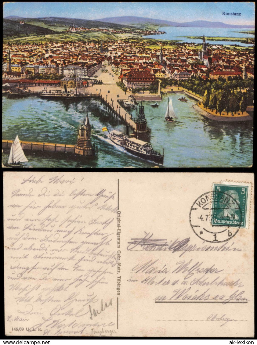 Ansichtskarte Konstanz Totale Mit Hafen - Künstlerkarte 1927 - Konstanz