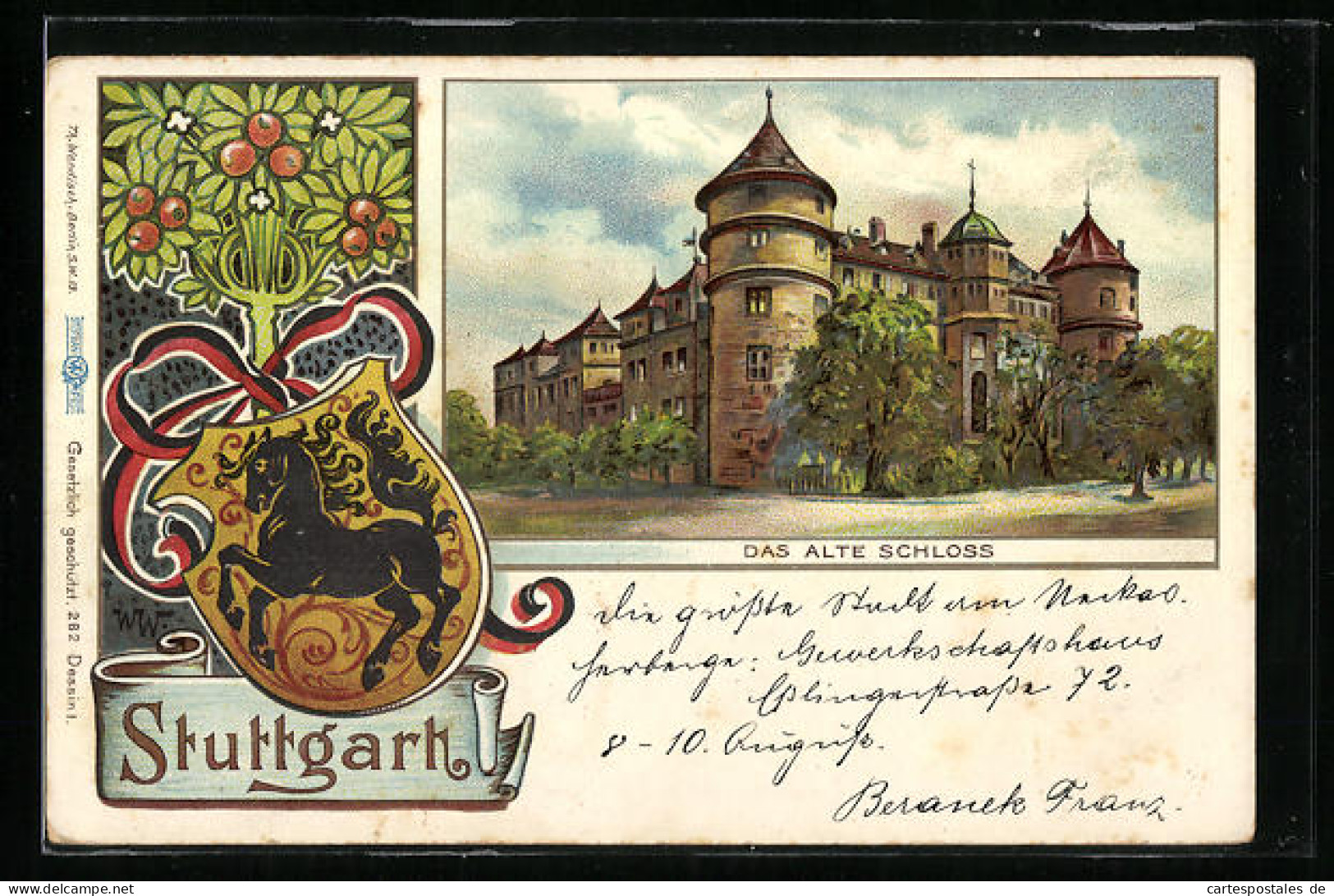 Lithographie Stuttgart, Das Alte Schloss Und Wappen  - Stuttgart