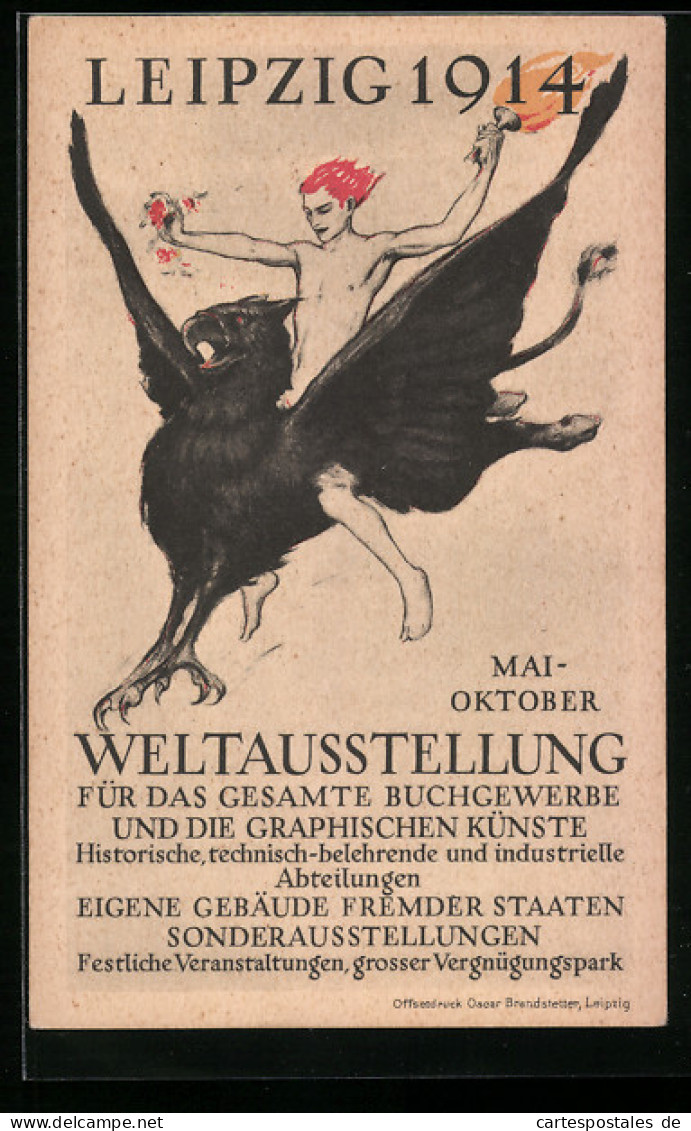 AK Leipzig, Weltausstellung Buchgewerbe Und Die Graphischen Künste 1914, Mythologische Figur Auf Greif  - Exposiciones