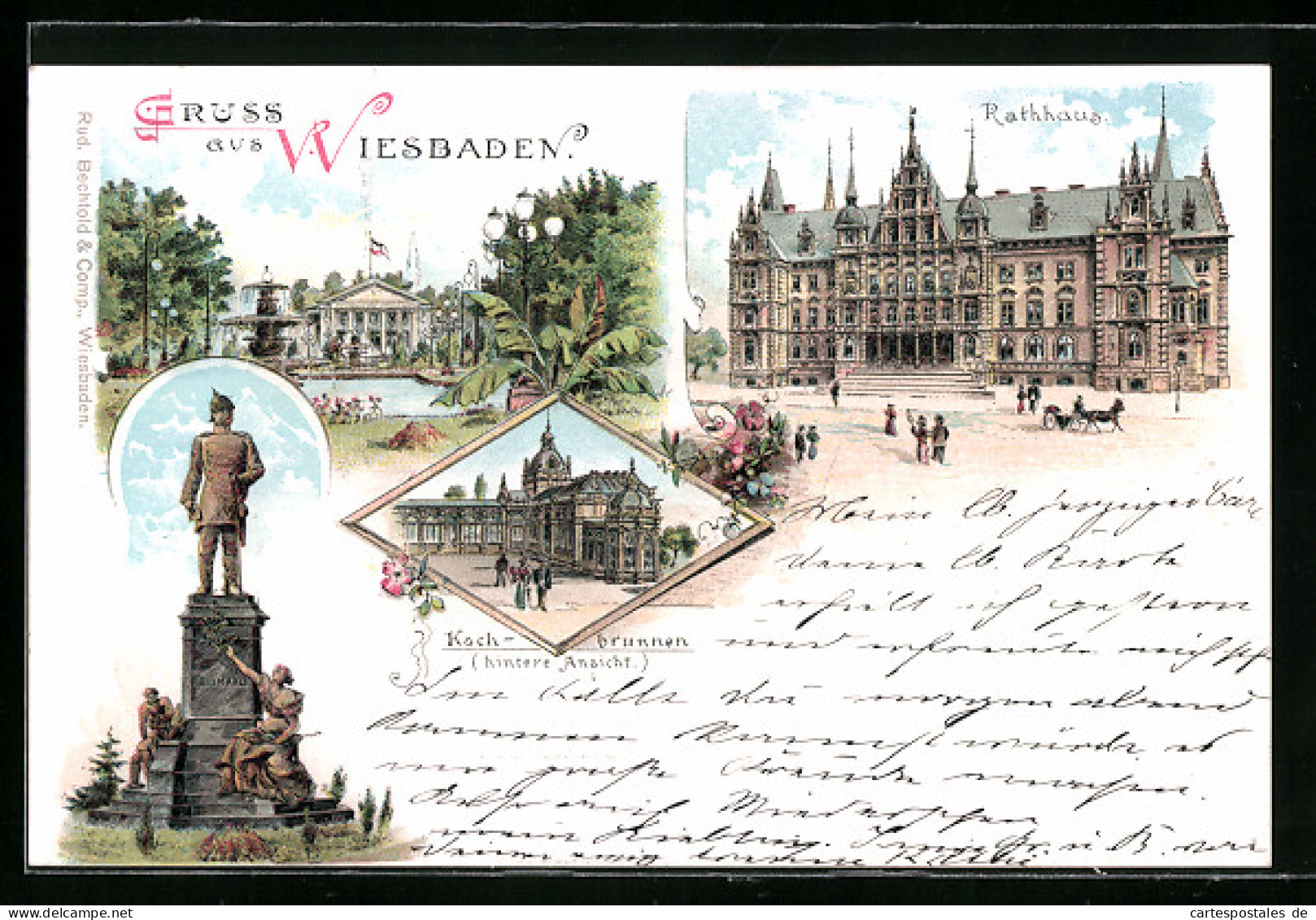 Lithographie Wiesbaden, Bismarck-Denkmal, Kochbrunnen Und Rathaus  - Wiesbaden