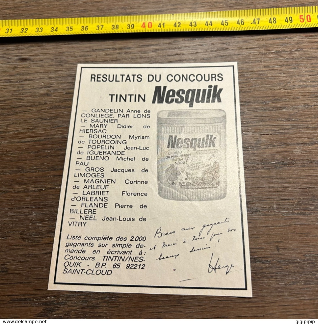 Publicité Tintin Hergé Nesquik GANDELIN Anne MARY Didier BOURDON Myriam POPELIN Jean-Luc BUENO Michel MAGNIEN Corinne - Collections