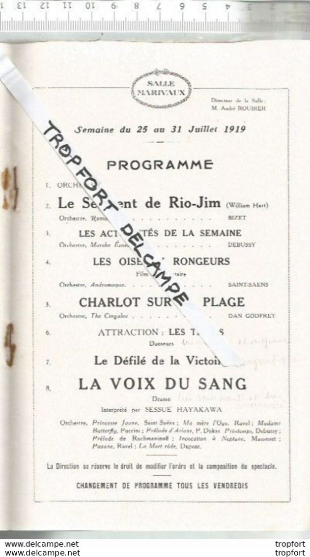 Bb // Vintage // Old French Movie Program 1919 / Programme Cinéma Salle MARIVAUX Charlot Sur La Plage CHARLIE CHAPLING - Programmes