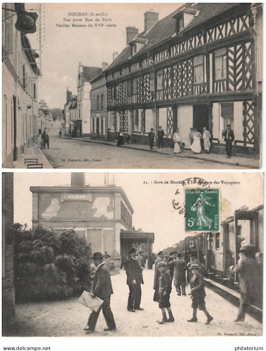 78  HOUDAN  Vue Prise Rue De Paris, Vieilles Maisons + La Gare La Descente Des Voyageurs, - Houdan