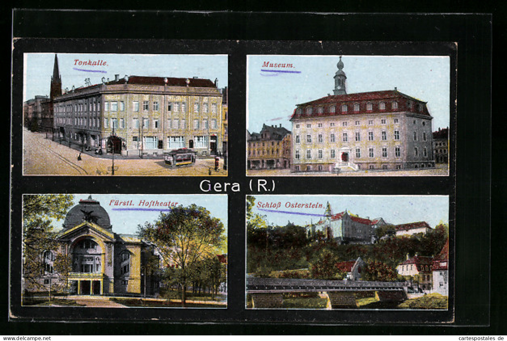 AK Gera, Strassenbahn Vor Der Tonhalle, Museum, Fürstl. Hoftheater, Schloss Osterstein  - Strassenbahnen