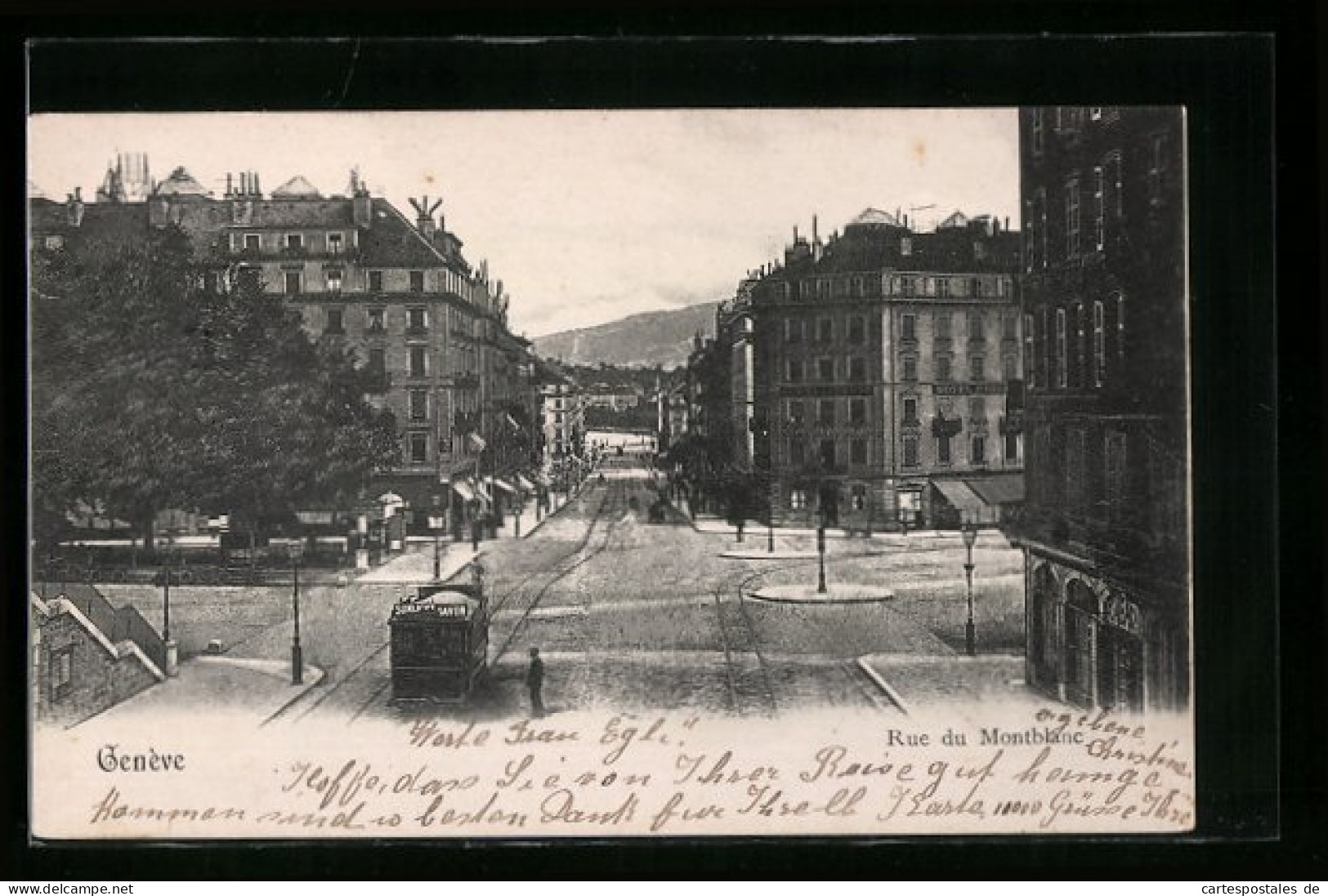 AK Genève, Rue Du Montblanc, Strassenbahn  - Tranvía