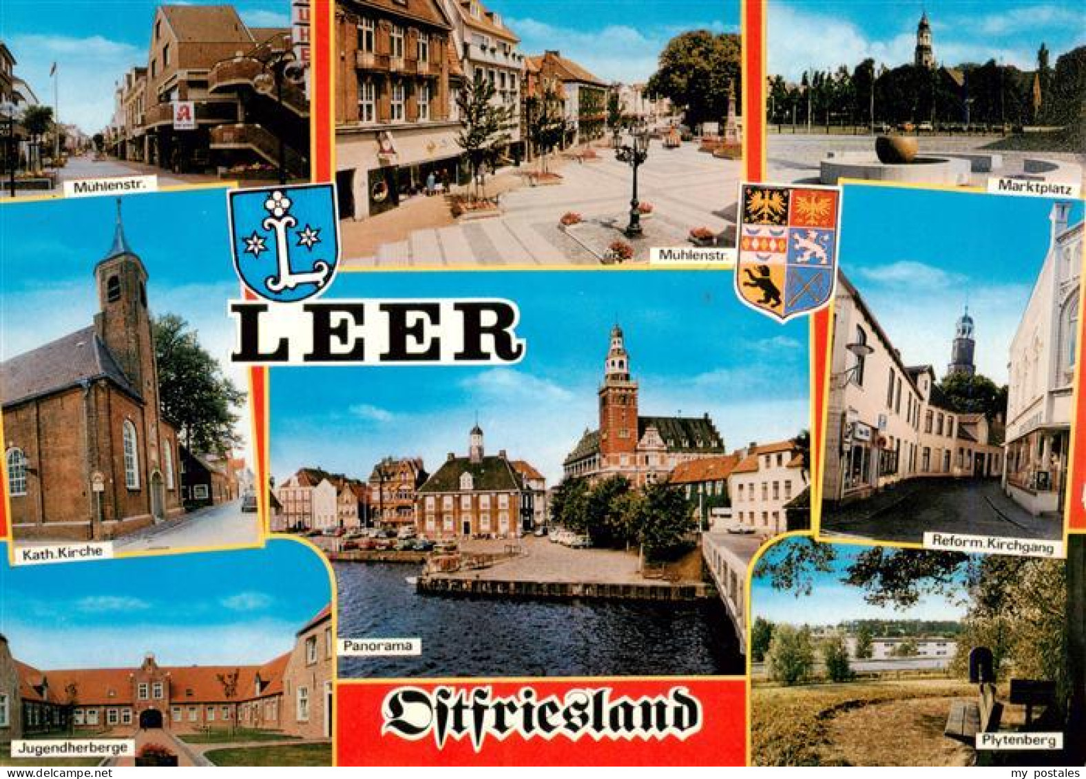 73930150 Leer_Ostfriesland Muehlenstr Kath Kirche Jugendherberge Marktplatz Pano - Leer