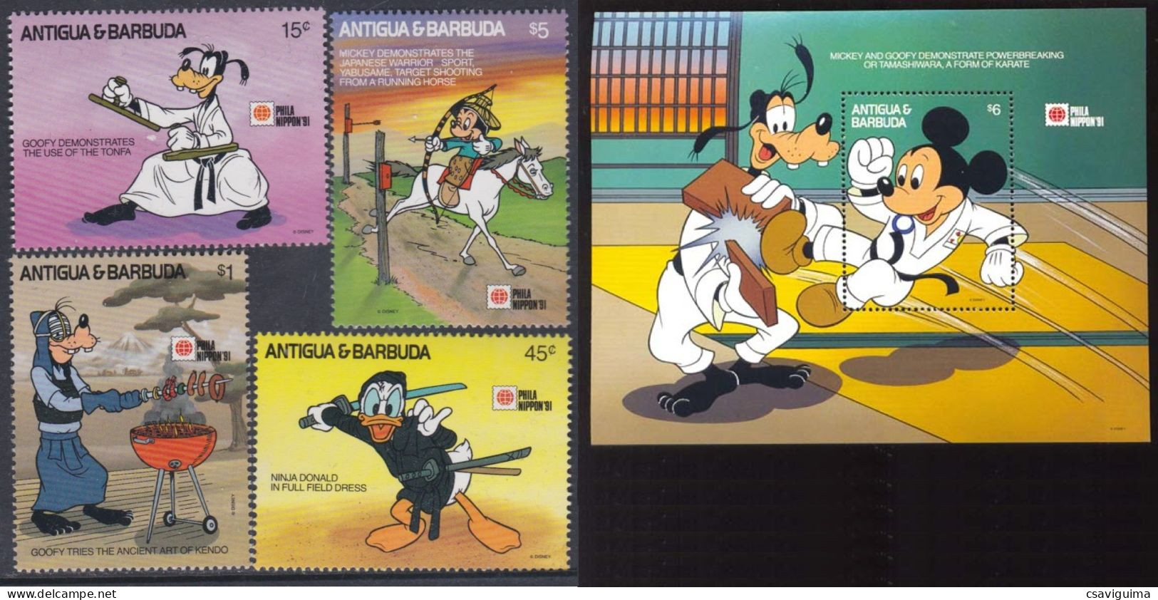 Antigua & Barbuda - 1991 - Disney: PhilaNippon - Yv 1338/41 + Bf 199 - Disney