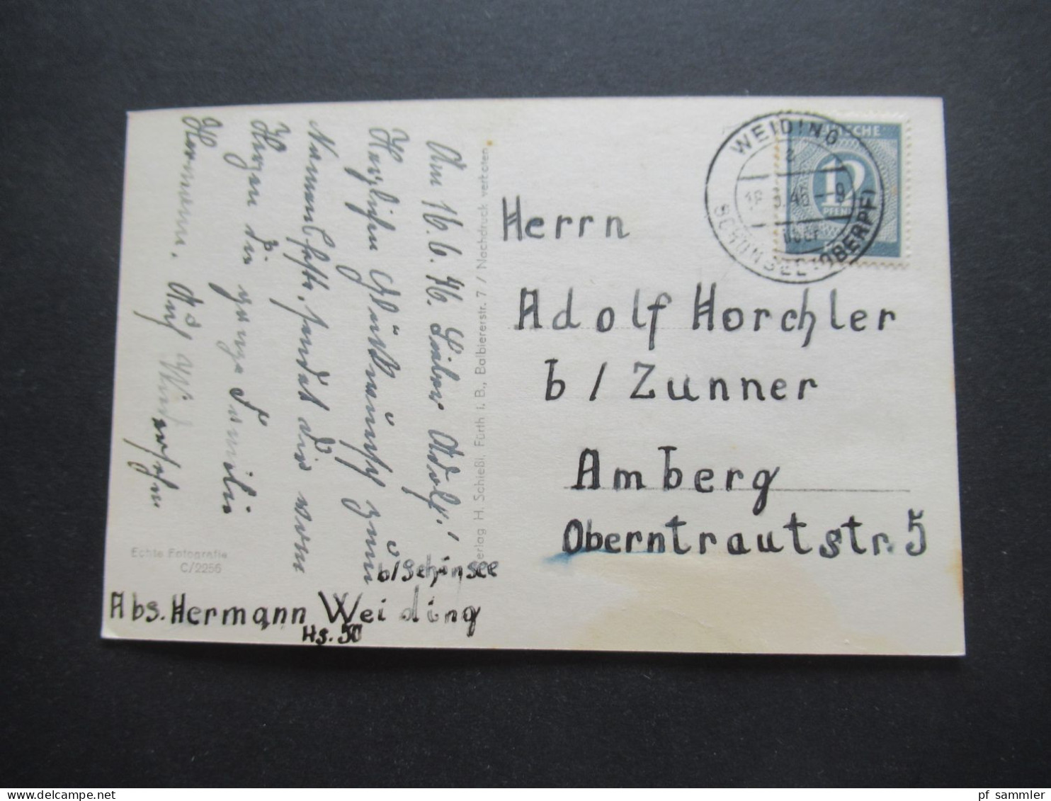1946 Kontrollrat Ziffer Nr.920 Fern PK Weiding Schönsee (Oberpf) - Amberg Foto AK Weiding Bay. Ostmark - Lettres & Documents