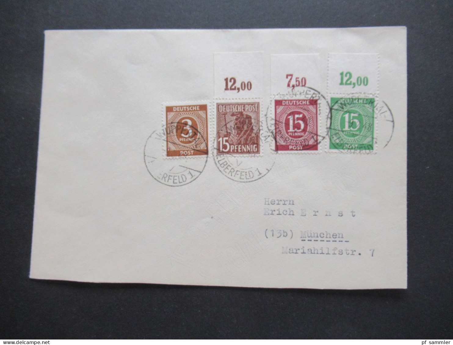 1948 Kontrollrat Ziffer / Arbeiter MiF 3x Platte Oberrand!! Nr.921 Ndgz, Nr.922 Dgz Und Nr.948 Ndgz Fernbrief Wuppertal - Storia Postale